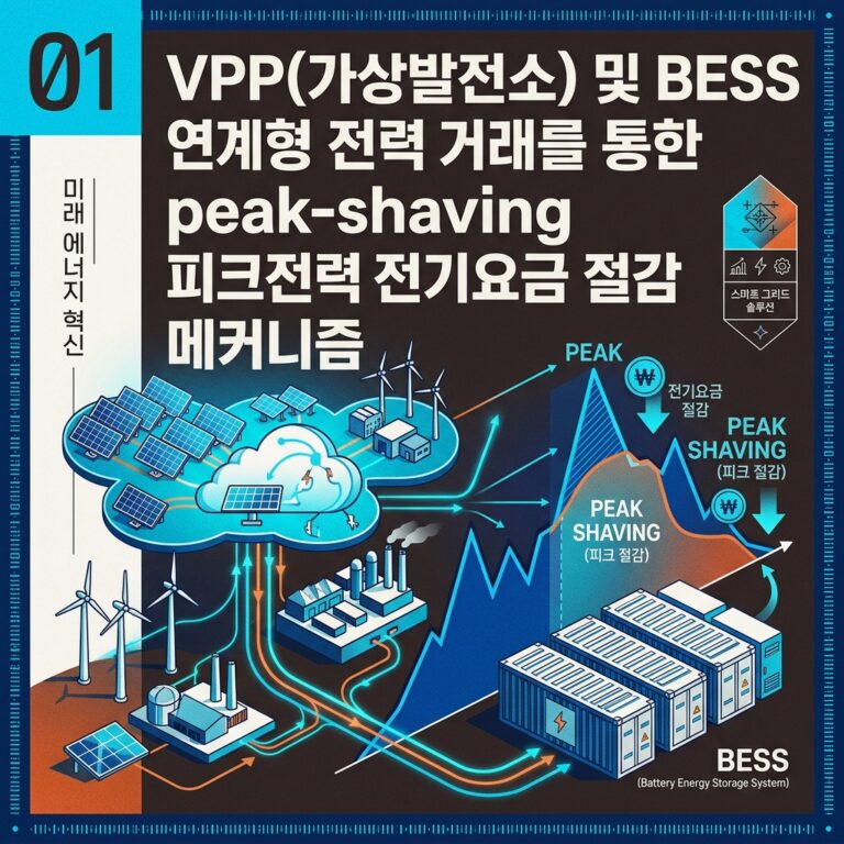 ai thumbnail poster VPP가상발전소 및 BESS 연계형 전력 거래를 통한 peak shaving 피크전력 전기요금 절감 메커니즘 1787237933