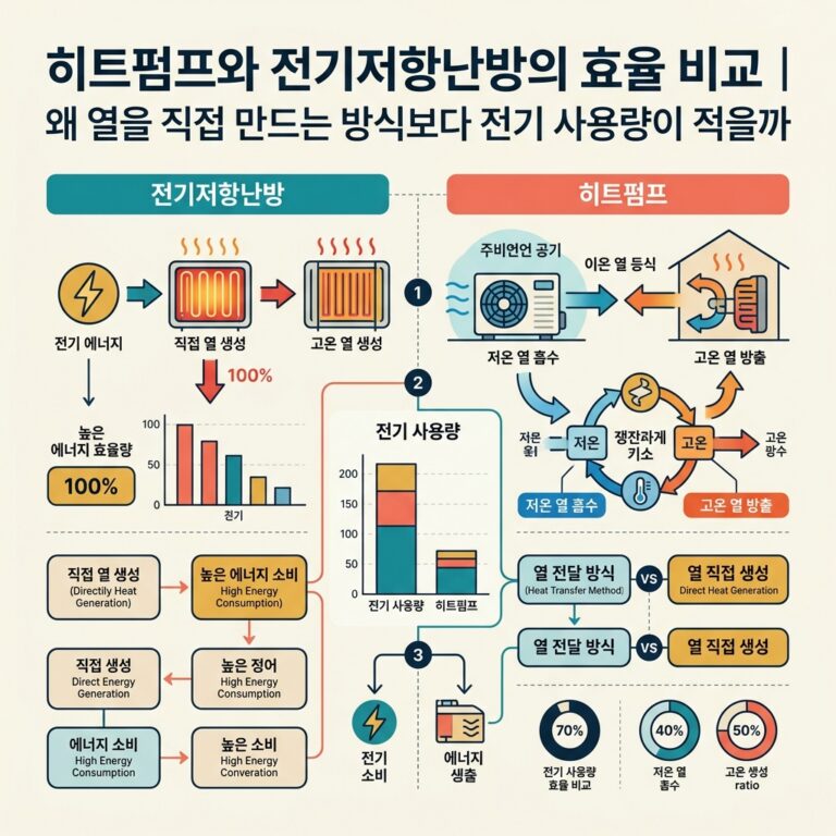 ai thumbnail infographic 히트펌프와 전기저항난방의 효율 비교｜왜 열을 직접 만드는 방식보다 전기 사용량이 적을까 1789135525