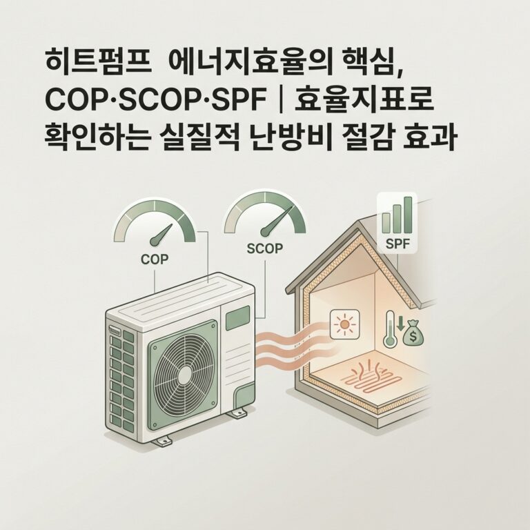 ai thumbnail minimal 히트펌프 에너지효율의 핵심 COP·SCOP·SPF｜효율지표로 확인하는 실질적인 난방비 절감 효과 1789214374
